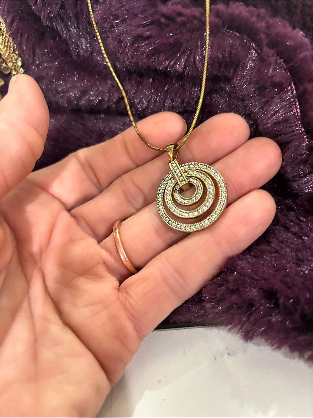 Spiral Rhinestone Pendant Necklace in Purple & Gold